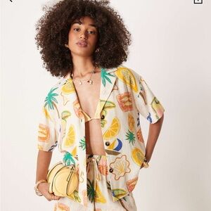 ASOS design linen blended short sleeve shirt in tropical print